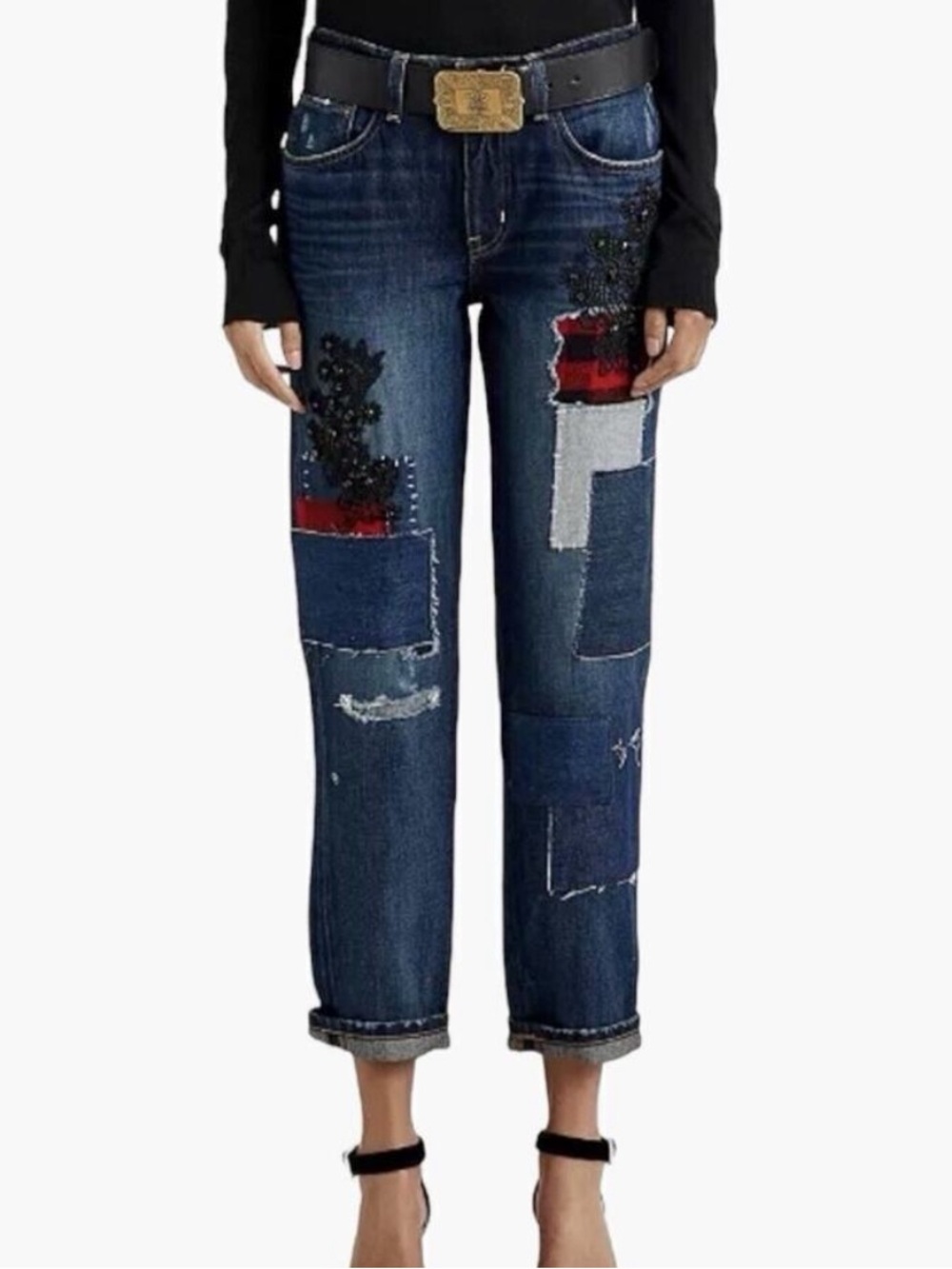 LAUREN RALPH LAUREN Patchwork Relaxed Tapered Lace Plaid Straight Jean--NWT--30 - Picture 6 of 16